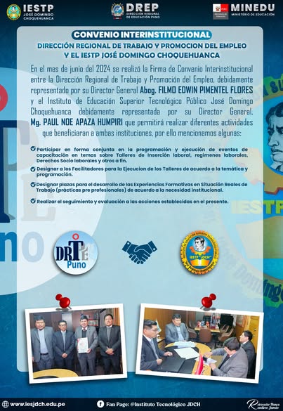 El Instituto de Educacion Superior Tecnologico Publico Jose Domingo Choquehuanca, realiza el convenio con diferentes instituciones o empresas